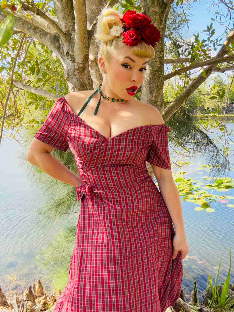 Rot 1950er Plaid Gerüschtes Herzförmiger Hals Bogen Kleid