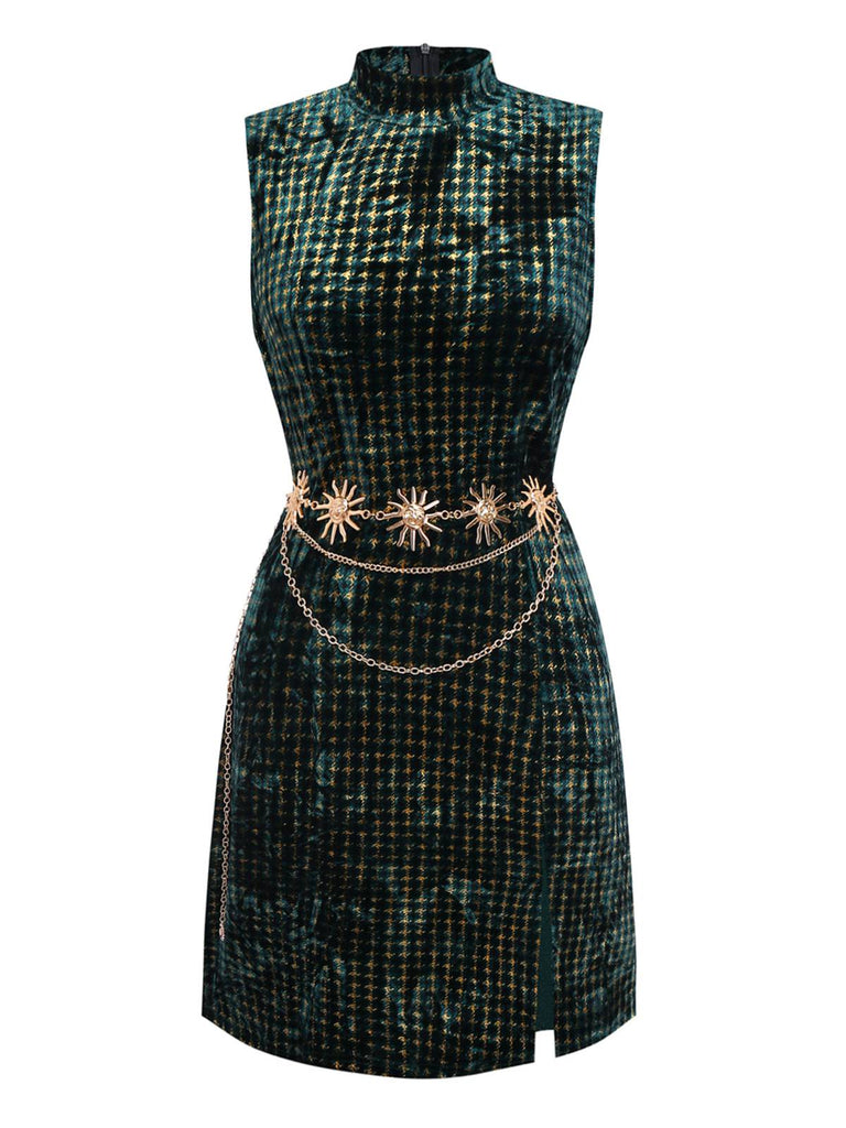 [Vorverkauf] Grün 1960er Hahnentritt Gold Funkeln Samt Kleid