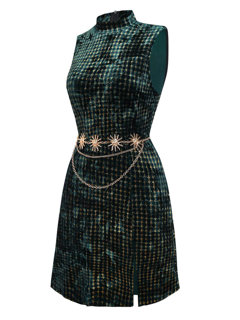 [Vorverkauf] Grün 1960er Hahnentritt Gold Funkeln Samt Kleid