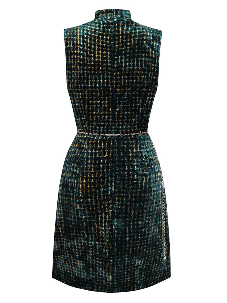 [Vorverkauf] Grün 1960er Hahnentritt Gold Funkeln Samt Kleid