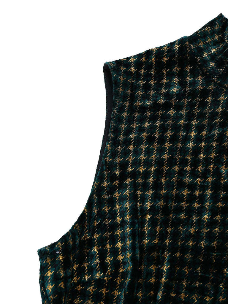 [Vorverkauf] Grün 1960er Hahnentritt Gold Funkeln Samt Kleid