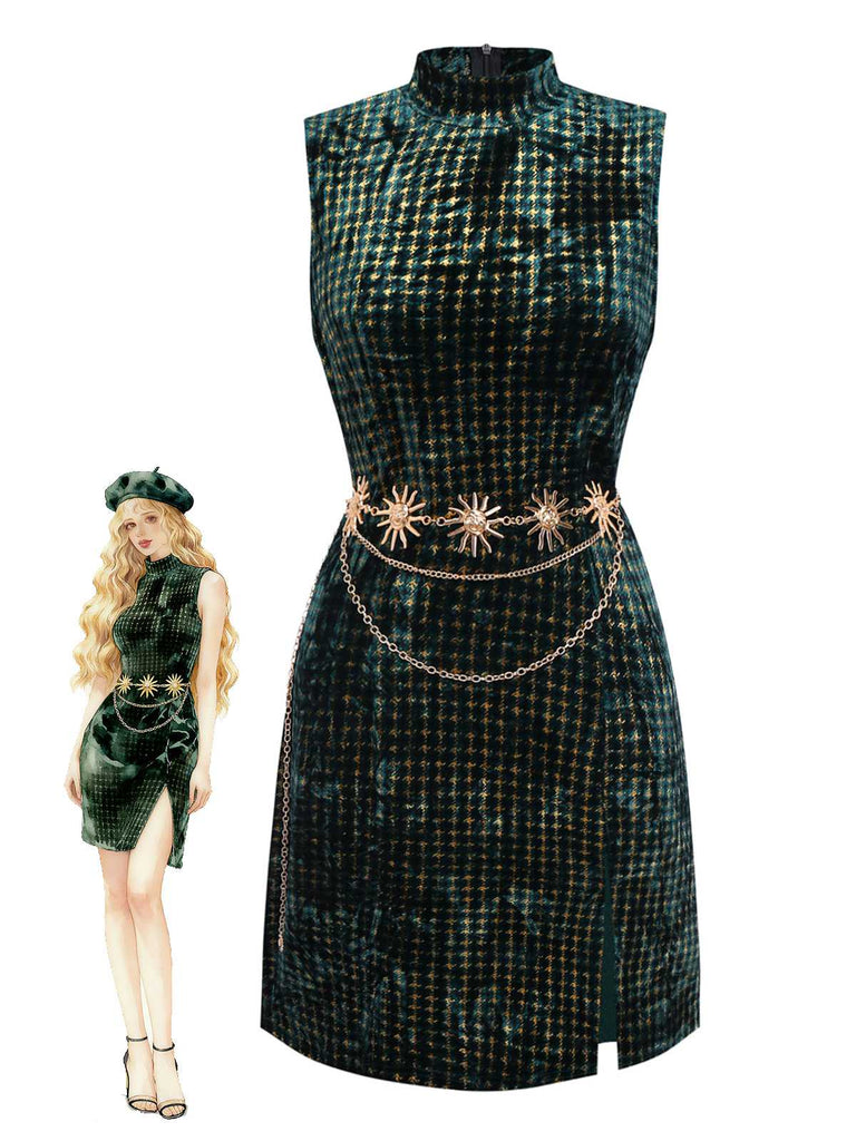 [Vorverkauf] Grün 1960er Hahnentritt Gold Funkeln Samt Kleid