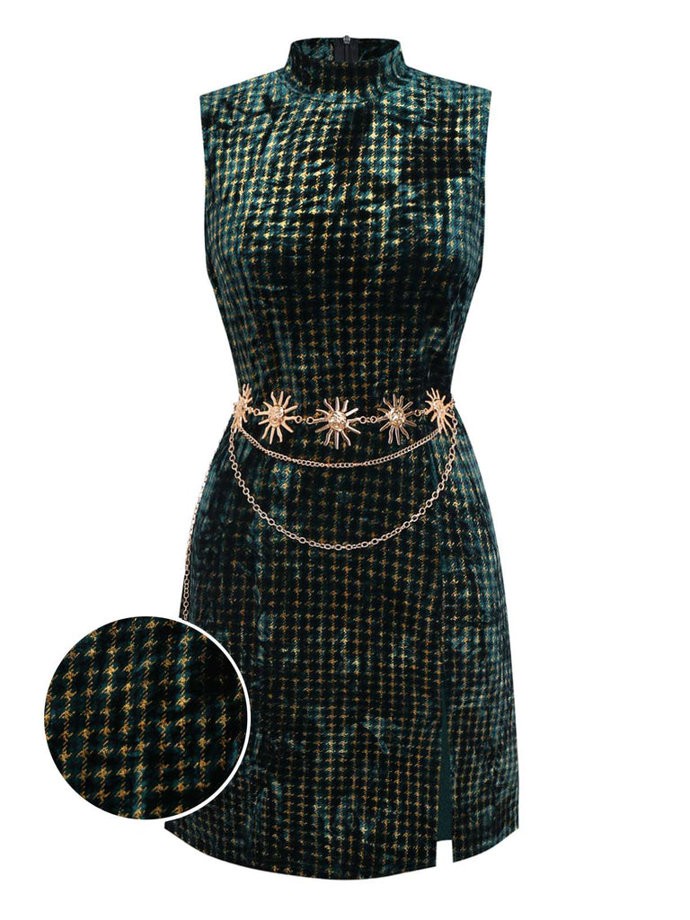 [Vorverkauf] Grün 1960er Hahnentritt Gold Funkeln Samt Kleid