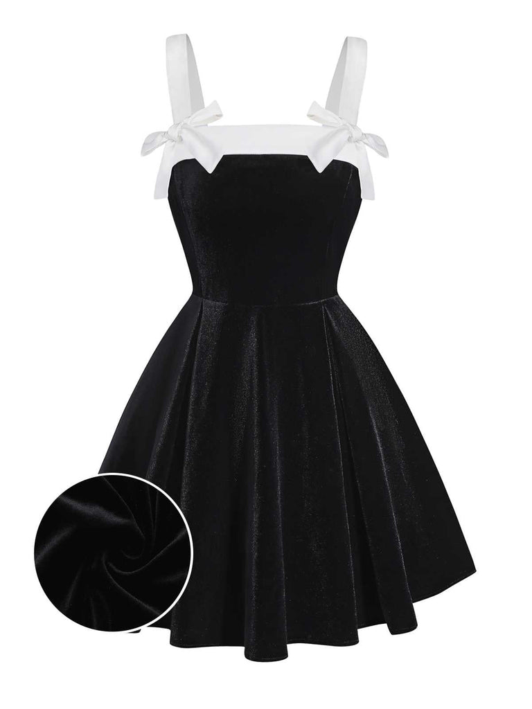 [Vorverkauf] Schwarz 1950er Slip Samt Bogen Kleid