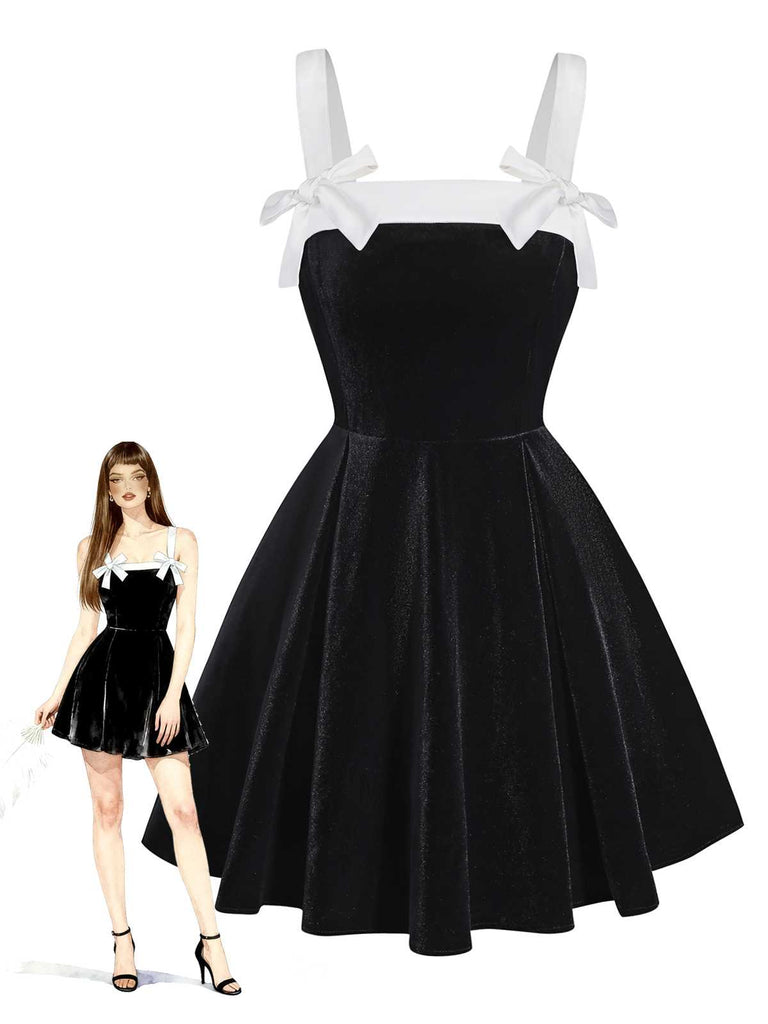[Vorverkauf] Schwarz 1950er Slip Samt Bogen Kleid