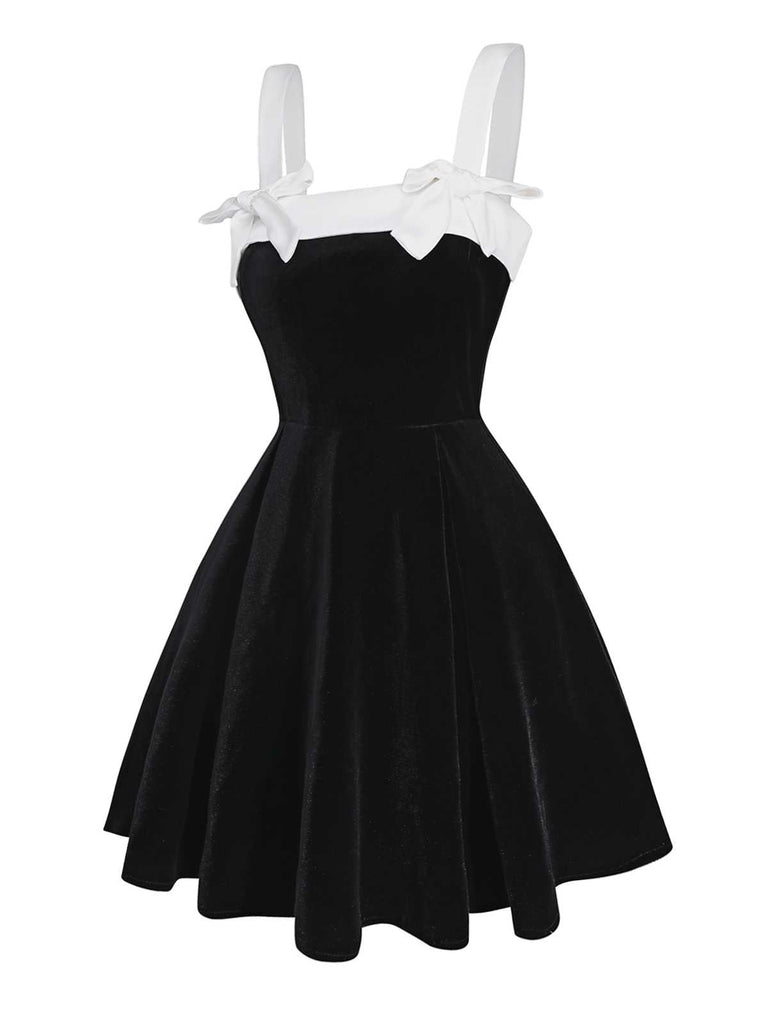 [Vorverkauf] Schwarz 1950er Slip Samt Bogen Kleid