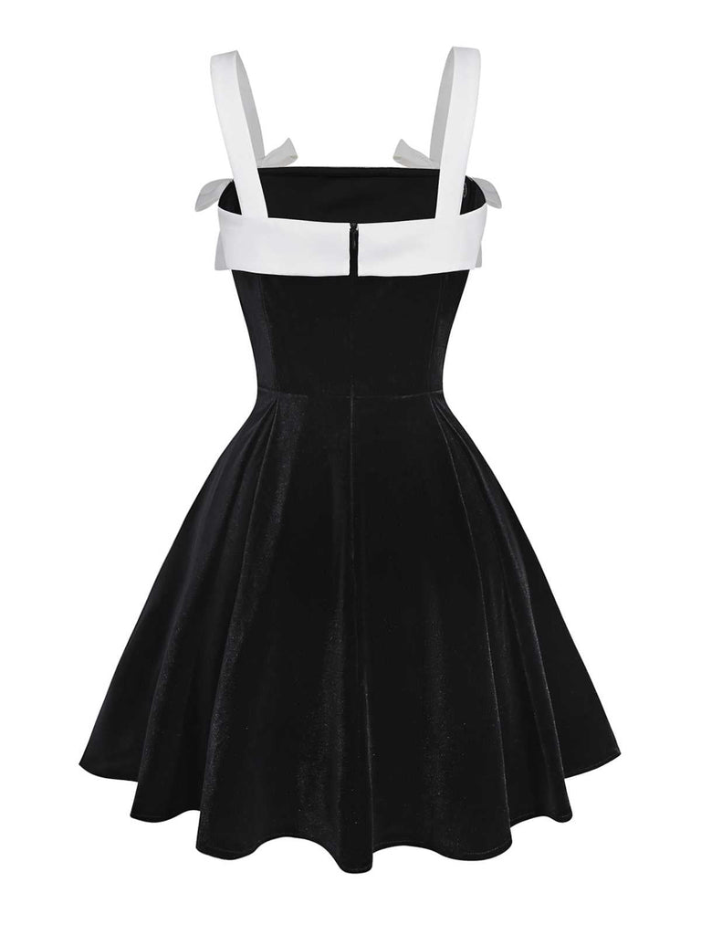 [Vorverkauf] Schwarz 1950er Slip Samt Bogen Kleid