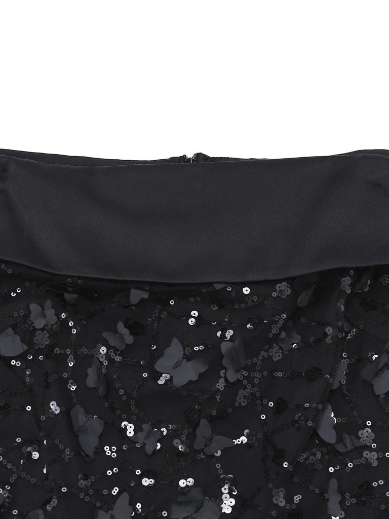 [Vorverkauf] Schwarz 1970er Spitze Schmetterling Pailletten Schulterfrei Kleid