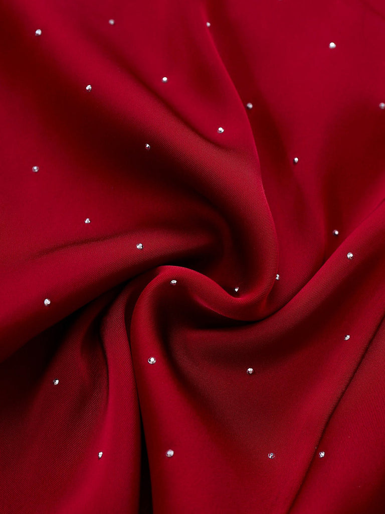 [Vorverkauf] Weinrot 1960er Satin Strassstein Schulterfrei Kleid