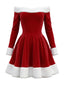 Rot 1960er Weihnachten Samt Schulterfrei Langarm Kleid