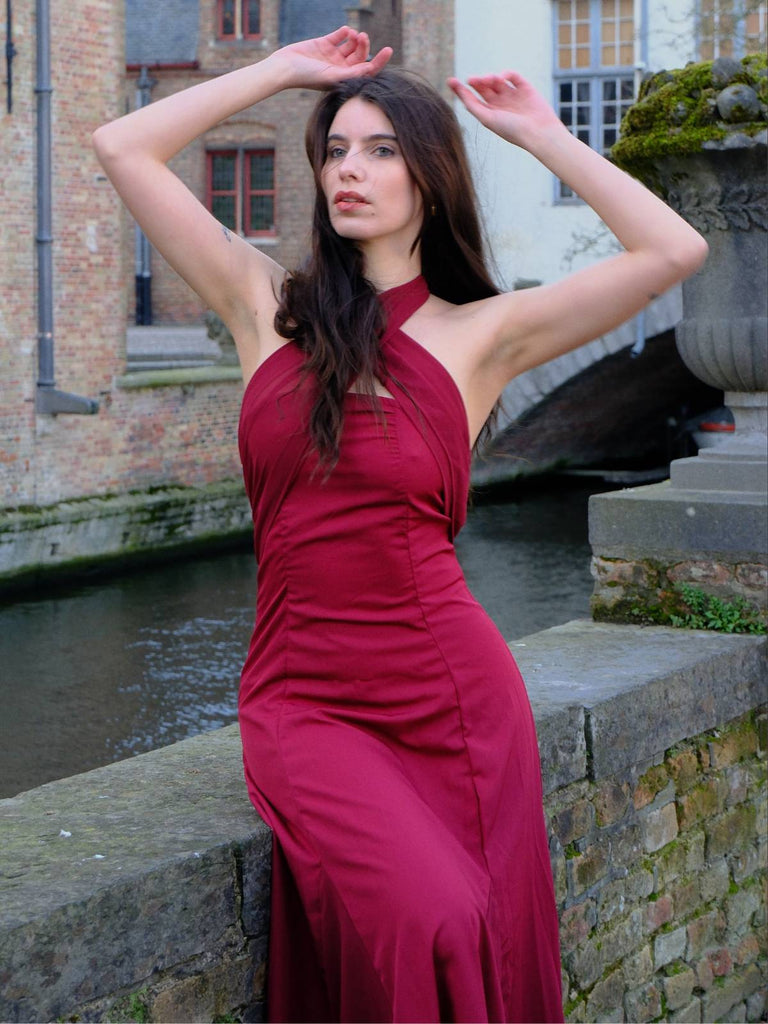 Rot 1930er Solide Chiffon Criss Kreuzen Trägerlos Cabrio Kleid