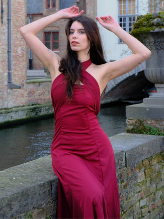 Rot 1930er Solide Chiffon Criss Kreuzen Trägerlos Cabrio Kleid