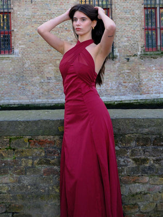 Rot 1930er Solide Chiffon Criss Kreuzen Trägerlos Cabrio Kleid