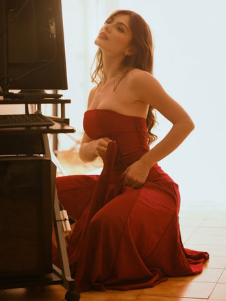 Rot 1930er Solide Chiffon Criss Kreuzen Trägerlos Cabrio Kleid