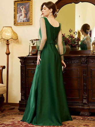 Grün 1930er Illusion Ärmel Satin Schlitz Kleid