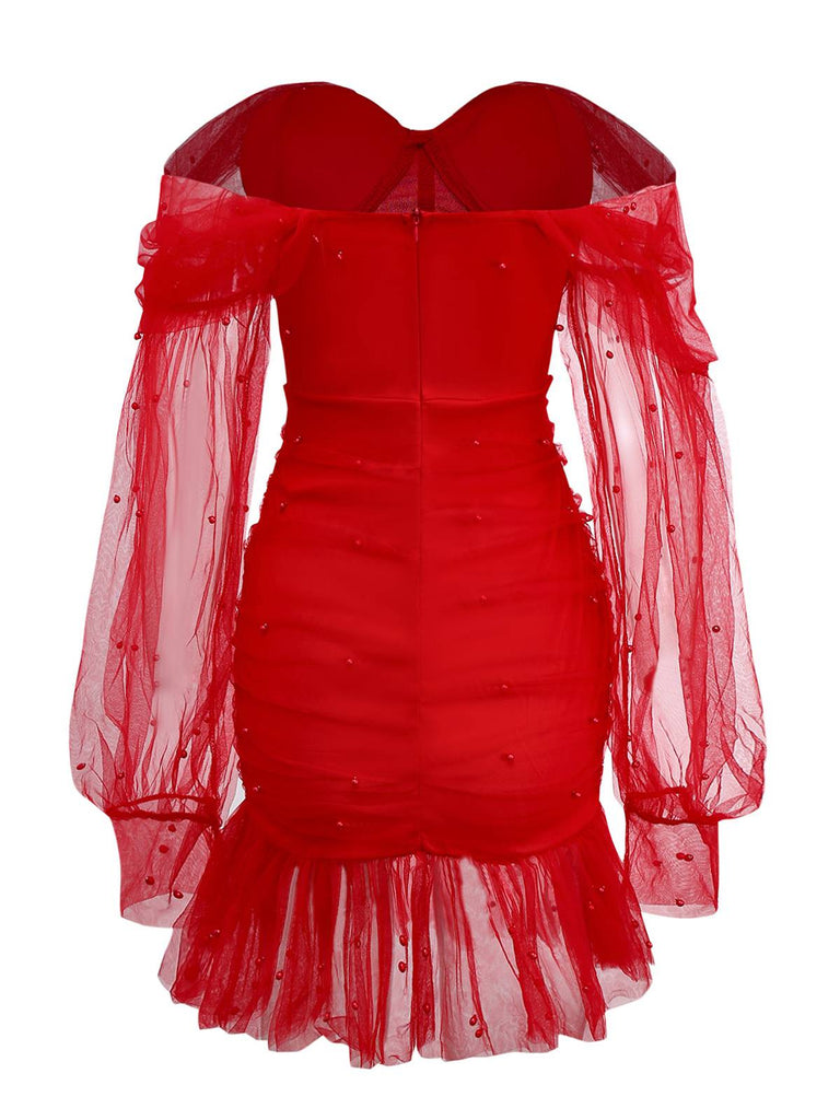 1960er Perlen Herzförmiger Hals Schulterfrei Netz Kleid