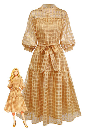 Gold 1940er Sheer Grid Puffärmel Gürtel Midi Party Kleid