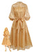 Gold 1940er Sheer Grid Puffärmel Gürtel Midi Party Kleid