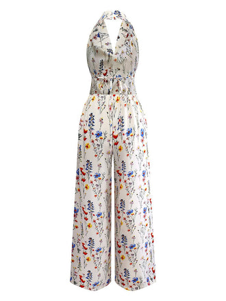 Beige 1950er Halter Blumen Rückenfrei Jumpsuit