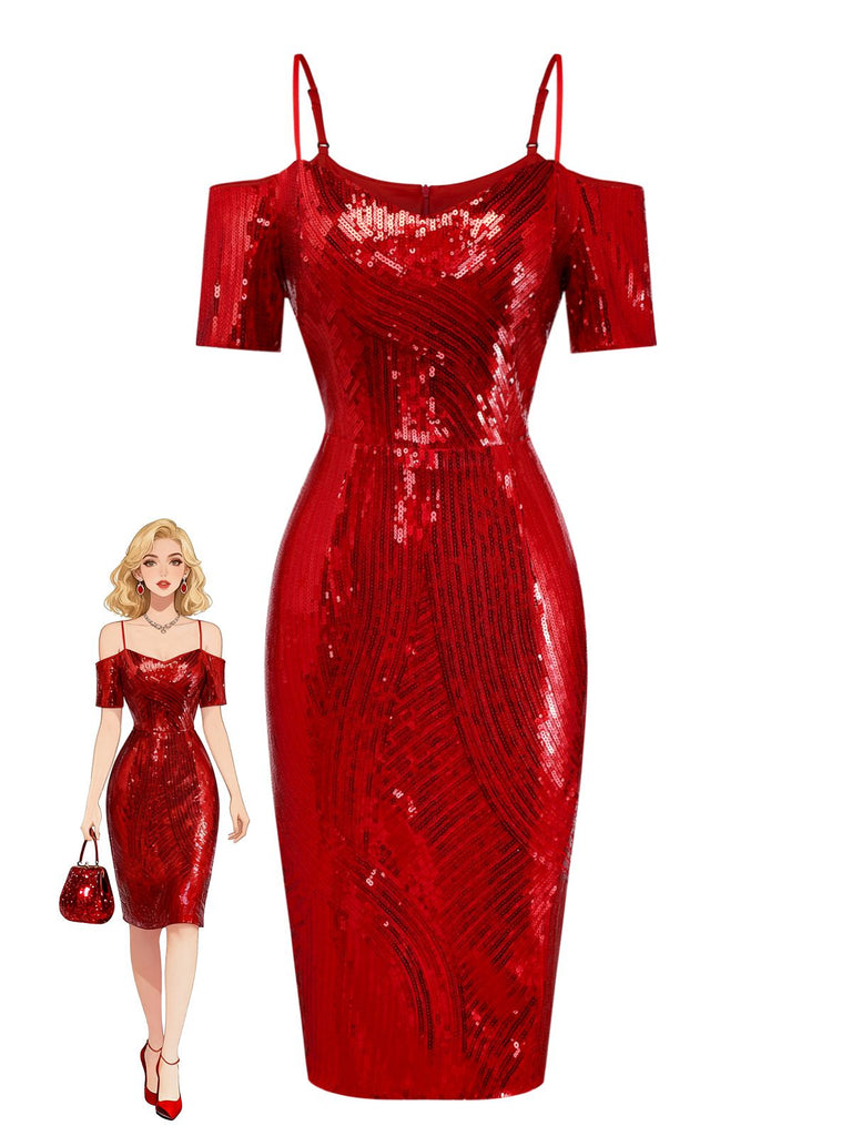 [Vorverkauf] Rot 1960er Kalte Schulter Pailletten Bleistift Kleid