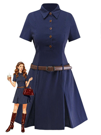 [Vorverkauf] Blau 1970er Nadelstreifen Plissiertes Hemd Kragen Kleid