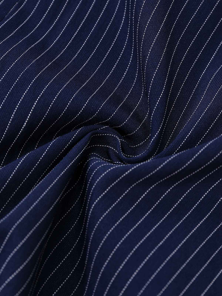 [Vorverkauf] Blau 1970er Nadelstreifen Plissiertes Hemd Kragen Kleid