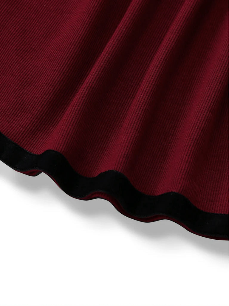 Rot 1960er Schulterfrei Bogen Stricken Laternenärmel Kleid