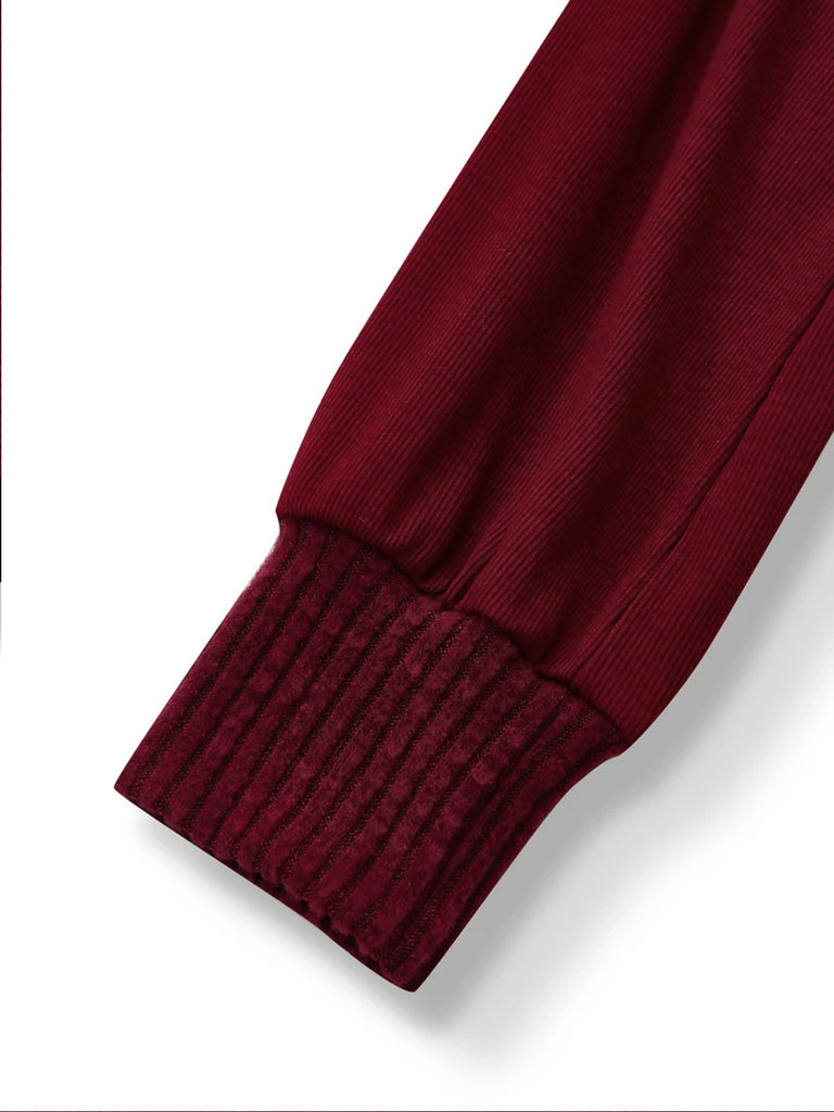 Rot 1960er Schulterfrei Bogen Stricken Laternenärmel Kleid