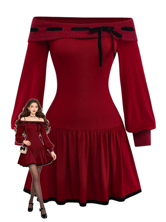 [Vorverkauf] Rot 1960er Schulterfrei Bogen Stricken Laternenärmel Kleid