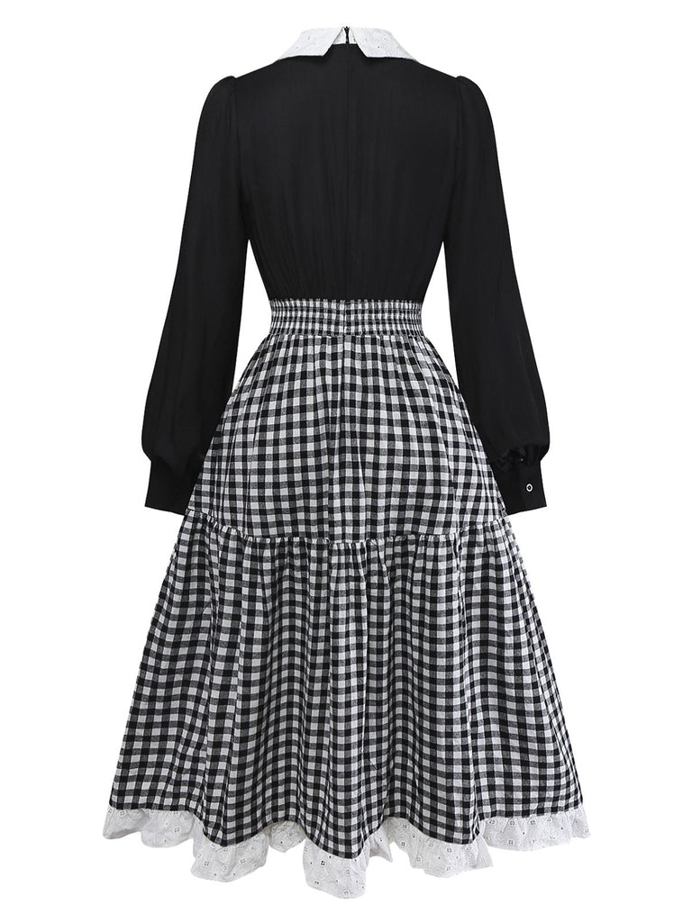 [Vorverkauf] Schwarz 1950er Plaid Patchwork Stickerei Spitze Kleid