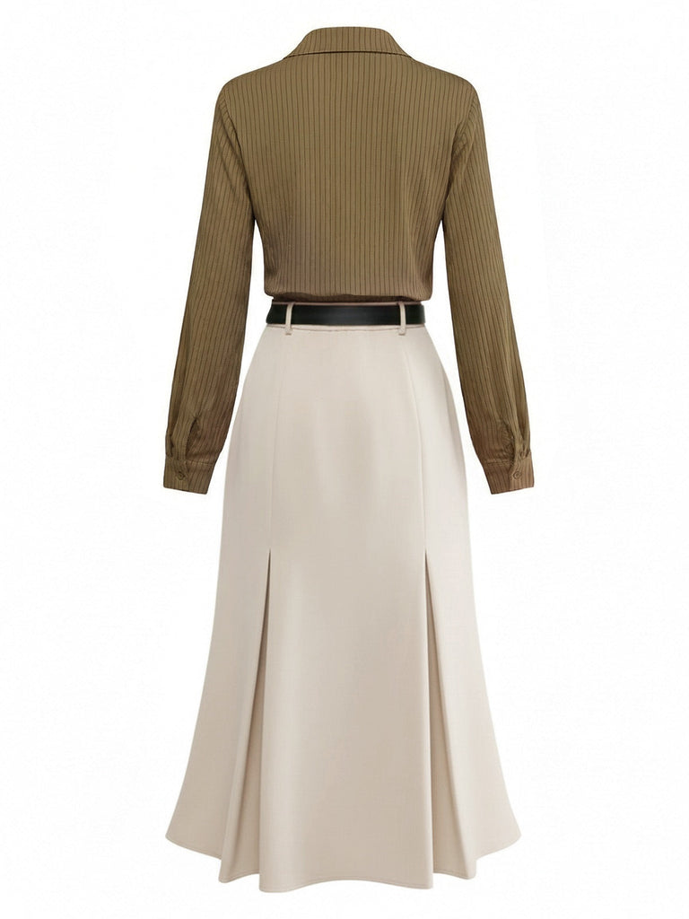 [Vorverkauf] Beige 1930er Streifen Revers Abnehmbare Krawatte Kleid