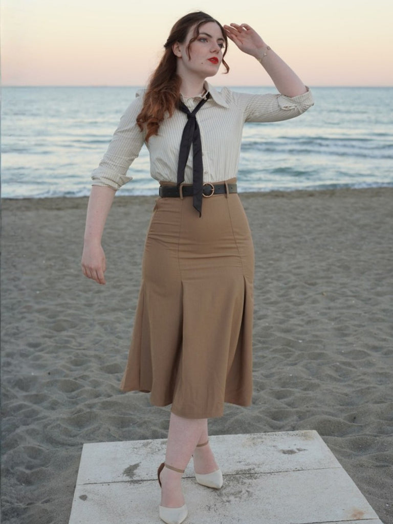 Evelyn Carnahan Outfit Khaki 1930er Streifen Revers Abnehmbare Krawatte Kleid