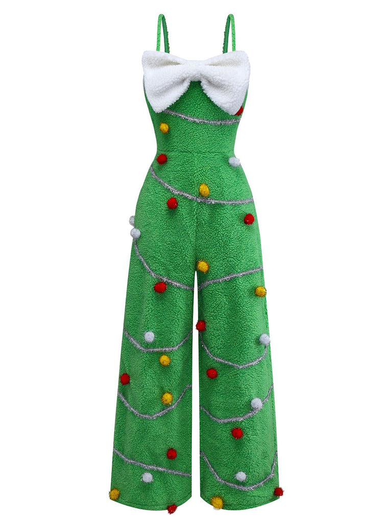 [Vorverkauf] Grün 1930er Weihnachtsbaum Pompon Bogen Jumpsuit