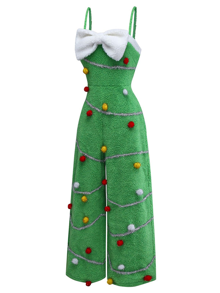 [Vorverkauf] Grün 1930er Weihnachtsbaum Pompon Bogen Jumpsuit