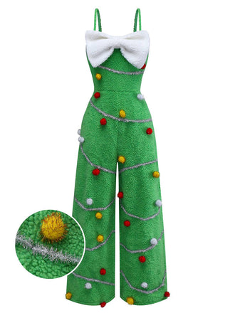 [Vorverkauf] Grün 1930er Weihnachtsbaum Pompon Bogen Jumpsuit