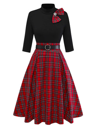 [Vorverkauf] 1950er Weihnachten Plaid Gürtel Kleid Mit Schneeflocke Brosche