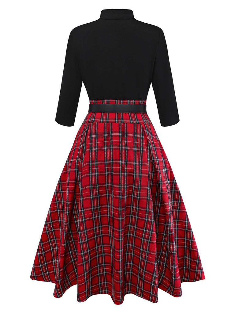 [Vorverkauf] 1950er Weihnachten Plaid Gürtel Kleid Mit Schneeflocke Brosche