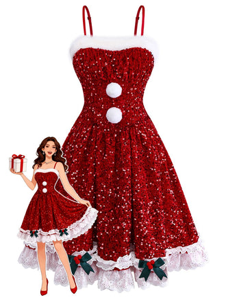 [Vorverkauf] Rot 1950er Bogen Pailletten Plüschsaum Kleid