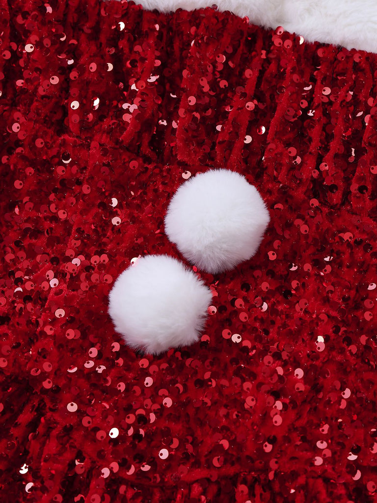 [Vorverkauf] Rot 1950er Bogen Pailletten Plüschsaum Kleid