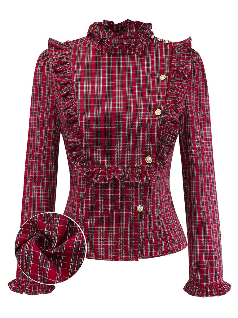 [Vorverkauf] Rot 1970er Rüschen Kragen Plaid Taste Bluse
