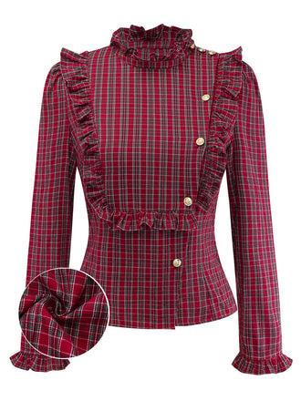 [Vorverkauf] Rot 1970er Rüschen Kragen Plaid Taste Bluse