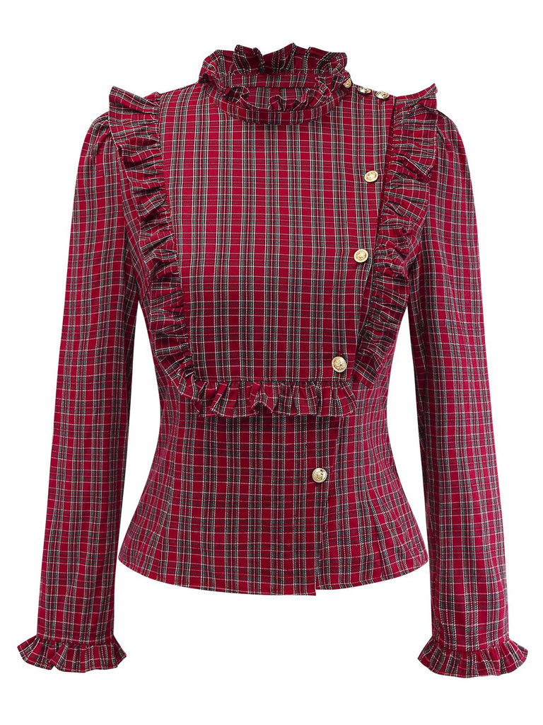 [Vorverkauf] Rot 1970er Rüschen Kragen Plaid Taste Bluse