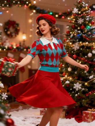 1930er Revers Farbblock Diamant Raster Pullover