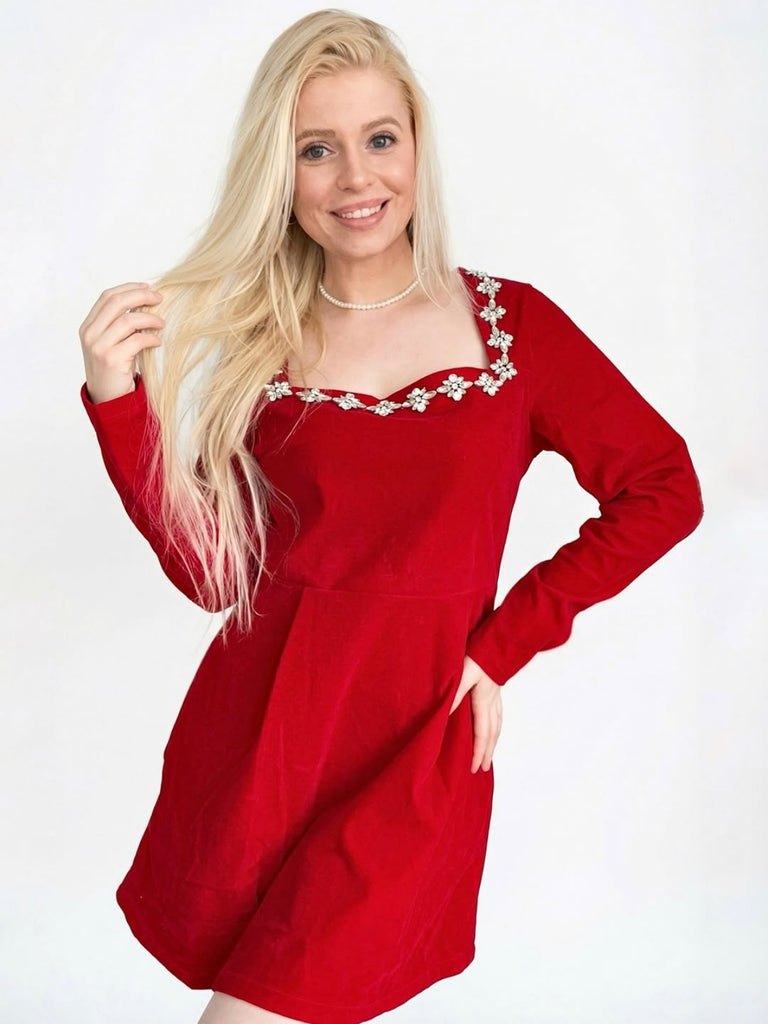 Rot 1960er Samt Diamant Quadrat Hals Kleid