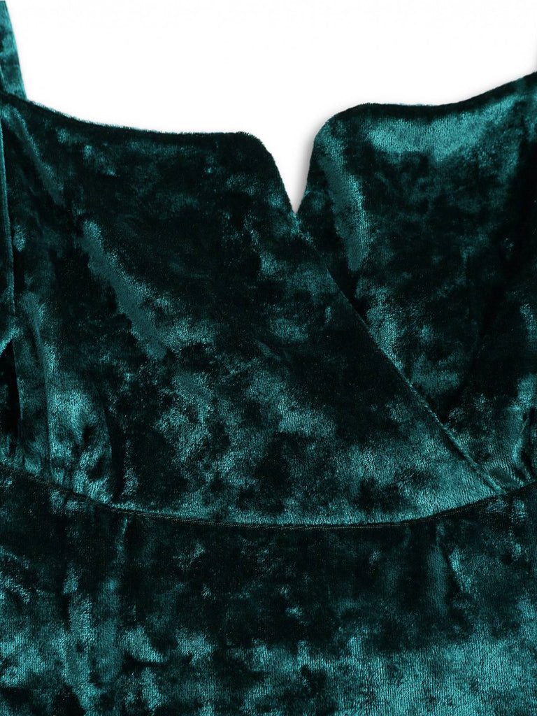 [Übergröße] Grün 1950er Schnalle Träger Samt Ärmellos Kleid
