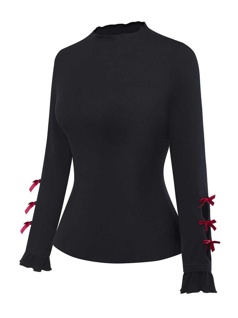 [Vorverkauf] Schwarz 1950er Rollkragen Bogen Stricken Top