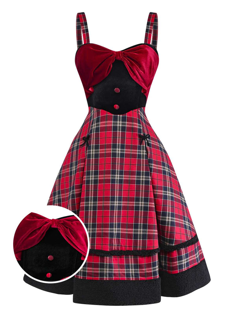 [Vorverkauf] Rot 1950er Slip Plaid Samt Bogen Kleid