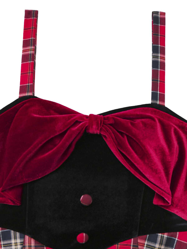 [Vorverkauf] Rot 1950er Slip Plaid Samt Bogen Kleid