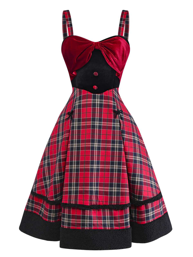 [Vorverkauf] 2PCS 1950er Samt Bogen Rollkragen Stricken Top & Plaid Kleid