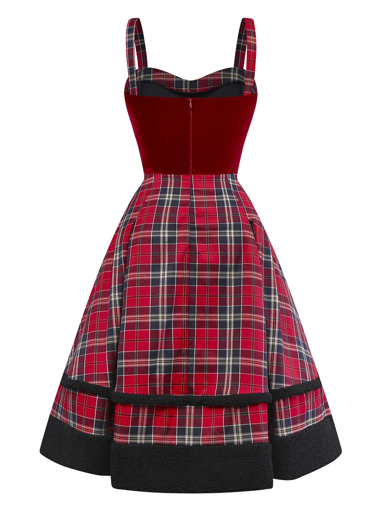 [Vorverkauf] Rot 1950er Slip Plaid Samt Bogen Kleid